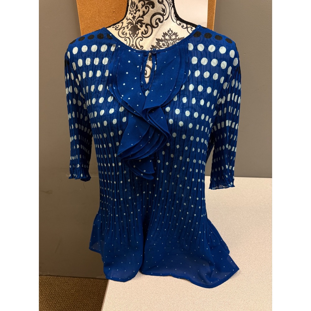 Notations -Blue Polka Dot Ruffle Pleated Sheer Top 3/4‎ Sleeve Keyhole Neck XL